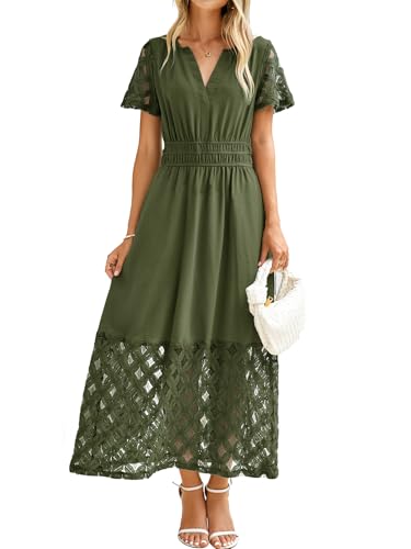 Simplee Womens Fall Wedding Guest Dresses - Flowy Lace Short Sleeve V Neck Empire Waist Boho Maxi Dress (Army Green M)