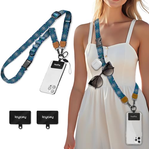Icycay Phone Lanyard Crossbody Boho Blue Cell Phone Strap for Around The Neck Adjustable Bohemian Anti Theft Cute Lanyard for ID Holder Keys Accessories Travel Essential