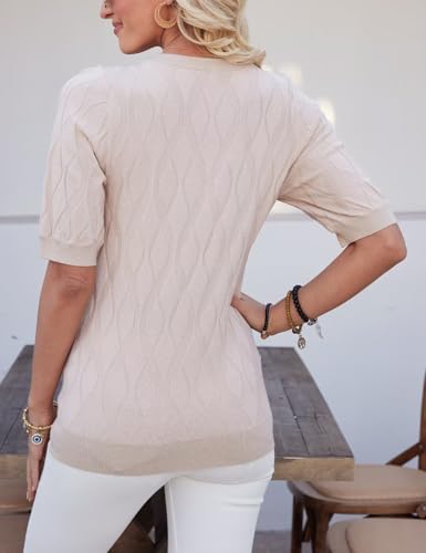 Image of CiCiBird Women Summer Short Puff Sleeve Sweater V Neck Knit Pullover Tops Casual Trendy Ribbed Shirt Apricot M