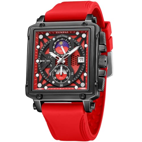 ZUNPAI Men's Square Analog Watch Sport Chronograph Fashion Moon Phase Watch for Men with Calendar Waterproof Silicone Strap Rubber Band (Silicone-Red)