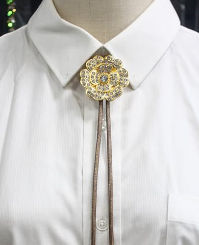 Image of PEARLY JUN Bolo Tie for Men Women Rhinestone Bling Western Cowboy Brown Leather Country Style String Wear Shirt Vest