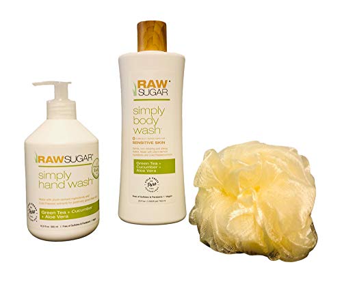 Raw Sugar Hand + Body Wash Bundle: 1 Green Tea, Cucumber, and Aloe Vera Sensitive Skin Body washes (25 oz.) + 1 Hand soap (16.9 oz.) + Color coordinated Loofah