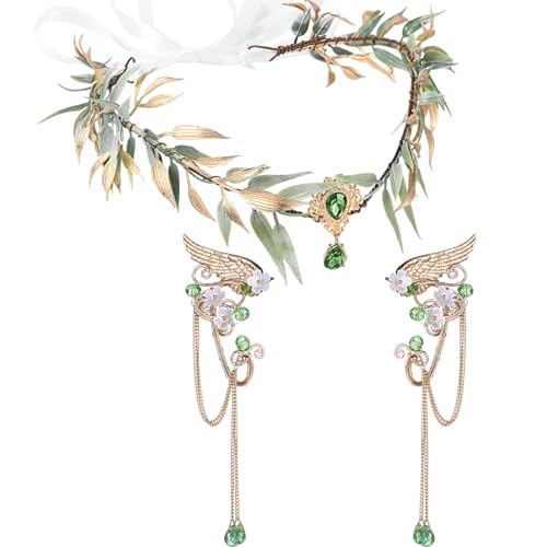Zeyune Halloween Elves Cosplay Set Fairy Flower Crown Headpiece Elf Ears Cuffs Renaissance Costume Leaf Elves Wings Ear Cuff