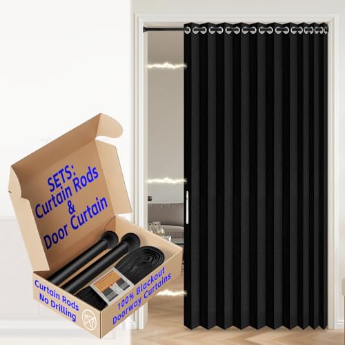 Image of AJAZZ Blackout Accordion Door with Curtain Rods 39-52 in Length, Invisible Folding Doors Interior Magnetic Door Curtain for Bedroom Doorway Curtain Set, 1 Panel, W55 x L80 in, Black