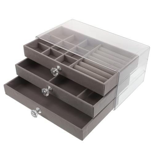 Vaguelly Organizador de joyas con 3 cajones - Joyero de acrílico transparente para mujer - Expositor de terciopelo para pendientes, anillos, pulseras y collares - Regalo de cumpleaños