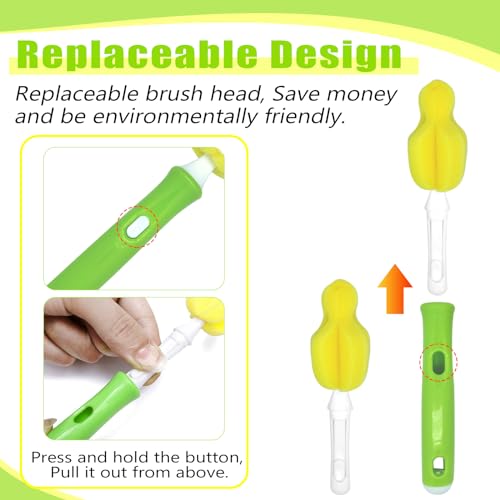 Image of INVODA Nipple Brush 4PCS Sponge Bottle Brushes with 4 PCS Straw Brush Baby Bottle Nipple Cleaner Brush Long Handle Detachable Nipple Brushes (Yellow)