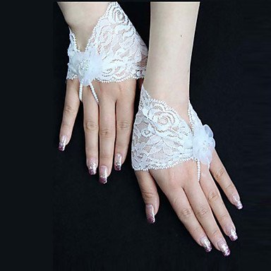 FUNAN Longueur Poignet Mitaine Gant Dentelle Gants de Mariée Toutes Les Saisons Perles Ivory One Size Cover