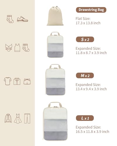 ECOHUB 6 Set Compression Packing Cubes, Lightweight Beach Vacation Travel Essentials Durable Travel Accessories for Suitcase Carry On Luggage Organizer Bags with YKK Zippers Shoe Bag, Beige4