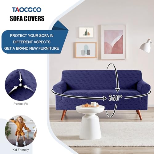 Image of TAOCOCO Stretch Sofa Covers for 3 Cushion Couch, 1Piece Non Slip Sofa Slipcover Washable with 2PCS Throw Pillow Covers, Jacquard Furniture Protector for Pets Dog(3 Seater,Dark Blue)