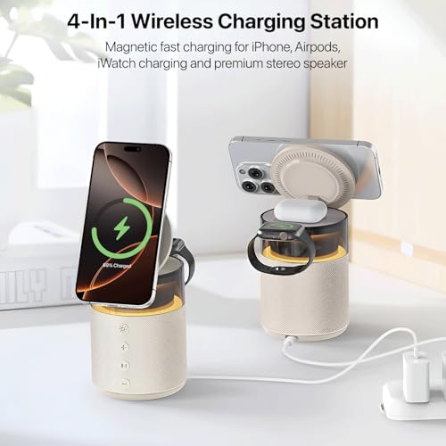Image of eller sante 4in1 Bluetooth Speaker 15W Magnetic Mag-Safe Wireless Charger for iPhone 17 /16 /15 /14 /13 /12 Series,iwatch, Airpods Fast Charging Dock Phone Stand with Night Light & Music Sound