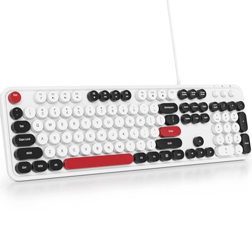 Image of Owpkeenthy Wired Cute Keyboard, Plug and Play USB Retro Round Typewriter Keyboard, Full Size Wired Keyboard with Foldable Stands for Laptop and Office PC (Minimalist White)
