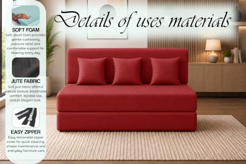 Image of Sofa Cum Bed with Jute Fabric, Convertible Three Seater Sofa Bed 5x6 Ft, Comfortable Cushioned Seating, Space Saving Design for Living Room, Bedroom & Guest Room - Red Color
