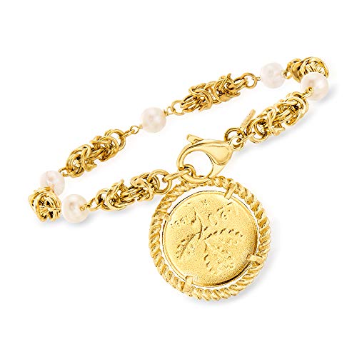 Ross-Simons Italian 6mm Cultured Pearl and Replica Lira Coin Byzantine Bracelet in 18kt Gold Over Sterling3