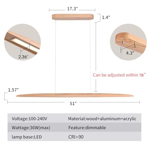 Image of YISDESIGN 51 inch 36W Wood LED Linear Pendant Light Fixture Led Dining Room Light Dimmable Hanging Light Fixture for Dining Room Kitchen Island Pool Table Lights Natural Ash