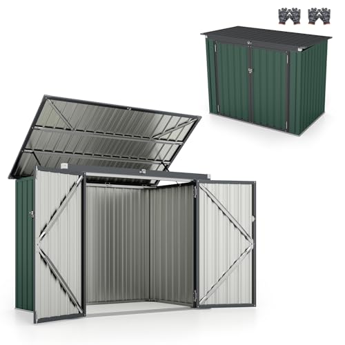 HOMASIS Cobertizo de Jardín, Caseta Metálica con Tapa Abatible de Exterior, Cobertizo de Herramientas con Doble Puerta, Alta Resistencia para Granja, Terraza, 172x101x130cm, Gris (Verde)
