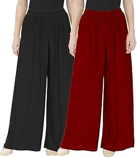 Leggfine Women Mid Rise Palazzo | Stylish Plazo Pant Kurti Cotton Reyon Regular Fit Palazzo Pants Pack Off 2 (Black &amp; Maro...