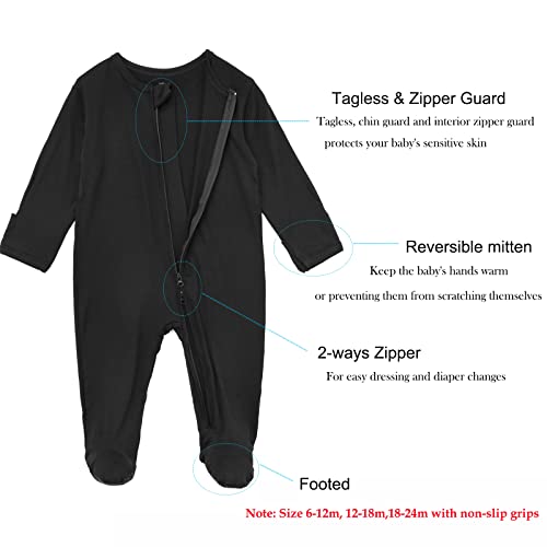 Aablexema Baby Pajamas Bamboo Rayon Zipper, 3pcs Unisex Infant Outfit with Mitten One Piece Footie Sleepwear(Black & White & Grey,0-3m)