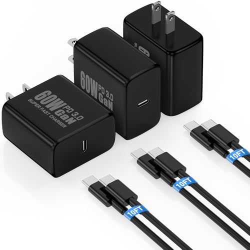 Image of 60W GaN PD3.0 Super Fast Type-C Charger for Samsung Galaxy S26 Ultra, 10FT USBC Fast Charging Cable /Cord for Samsung Galaxy S26 S25 S24 S23 Plus,Android Phone, iPhone 17 /16 /15 Pro Max, Tab S11,3Pack