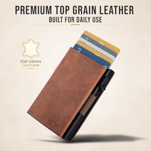 Image of TopMost Genuine Leather Pop Up Wallet for Men, Credit Card Holder, RFID Blocking Ridge Wallets for Men with ID Window, Slim, Minimalist, 5-9 Card Capacity & Cash Slot