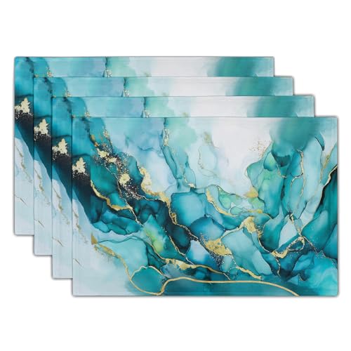 Giwawa Teal Marble Placemats Set of 4- Turquoise Blue Gold Marbling Linen Place Mat 12x18 Inch- Modern Stone Print Washable Heat Resistant Table Mats for Kitchen Dining Indoor Outdoor Decor