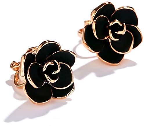 Cocadant Cubic Zirconia Clip On Gold Stud Earrings,1.5 Carat/8mm Round Cut Simulated Diamond CZ Stud Earrings,Black Rose Flower Non Pierced Earrings (Black Rose Flower)