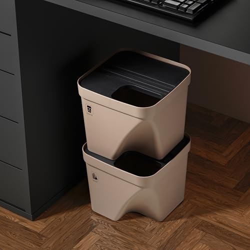 Image of 10L Dustbin with Lid | Beige | Pack of 2 | Multipurpose Garbage Bin for Kitchen, Home & Office | Wet & Dry Waste Basket for Food Waste, Recycling & Indoor Outdoor Use