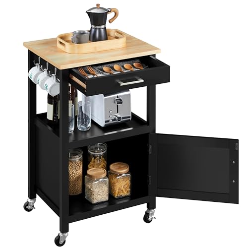 Yaheetech Chariot de Cuisine en Bois Desserte Roulante à 1 Tiroir et 1 Armoire Meuble de Rangement Cuisine avec 3 Crochets Verrouillage Magnétique 55 cm L ×...