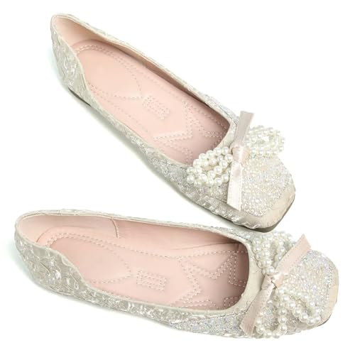 TN TANGNEST Womens Bowknot Ballet Flats Square Toe Sequin Rhinestone Dress Flats Cute Slip On Loafers Comfortable Wedding Flats2
