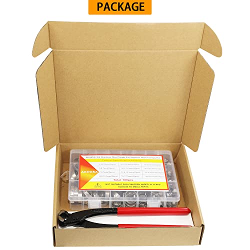 AKIHISA 180 PCS Single Ear Hose Clamps, 12 Sizes 5.3-33.1mm Crimp Hose Clamps with Ear Clamps Pincer, 304 Stainless Steel Crimp Pinch Fitting Tools Kit