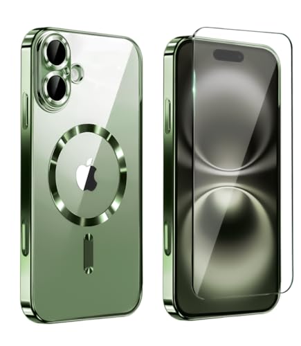 Image of Magnetic Glossy Case for iPhone 17,iPhone17 Phone Case Slim Clear Luxury with Screen Protector & Camera Protector [Compatible with MagSafe], Shockproof Cover for iPhone Case 17-Dark Green