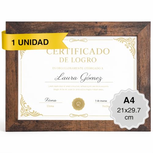 MARCOFOTO Marco de Fotos A4 Marrón Rústico (21x29,7 cm) Portafotos de Pared en MDF con Cristal   Ideal para Diplomas, Certificados, Pósters y Fotografías   Decoración Hogar y Oficina
