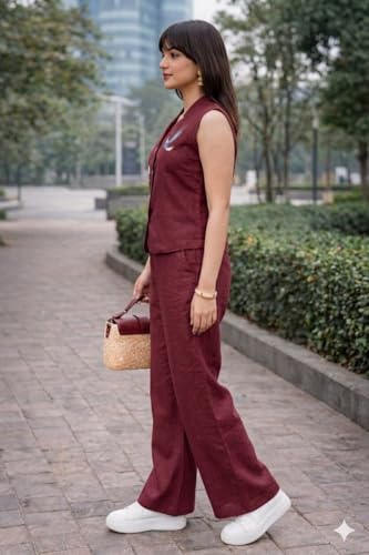 Image of Lyssa Yellow Ember Embroidered Co-Ord Set for Women, Sleeveless Vest with Wide-Leg Trousers