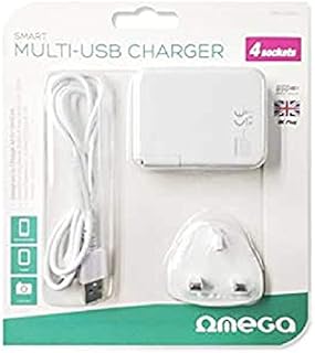 Omega  Smart Multi USB Adapter for (100  240 V) EU Plugs, 4 USB Ports  4000 mA  White