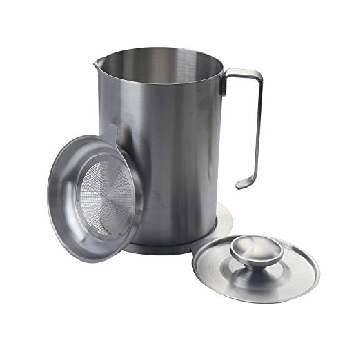 Oil Strainer Pot Stainless Steel Grease Can 1.8L, Home Bacon Grease Container with Strainer, Suitable for Kitchen Cooking Storing and Bacon Fat
