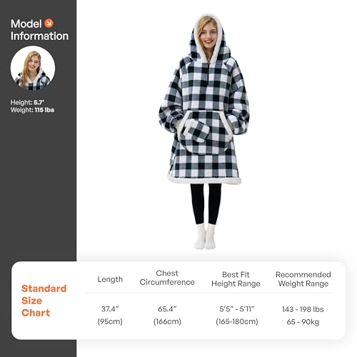 Image of Giggling Getup Wearable Blanket Hoodie for Adults Gifts for Teen Girls Sister Women Sherpa Fleece Printed Hooded Blanket Sweatshirt Warm Cozy with Pocket & Sleeves Black Plaid