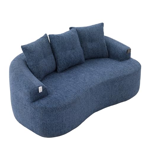 Sofá curvo de 2 plazas con estructura de chenilla nube de chenilla, acolchado de espuma y muelles ensacados, 3 cojines decorativos, bolsillos laterales, moderno para salón, estudio (azul)
