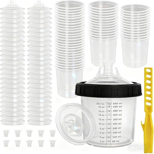 Qopaw PPS Disposable Paint Cups 600ml (20oz), 50 Packs Paint Mixing Cups System with 50 Lids & Liners, 125 Micron Filter, Hard Cup, Plugs & Stirring Stick for HVLP & LVLP Automotive Spray Guns
