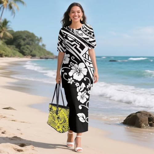 Image of Puletasi Samoan Traditional 2 Piece Outfits for Women Short Sleeve Crop Top and Maxi Skirt Sets Puletasi Dress