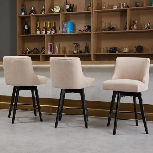 Image of Swivel Counter Height Bar Stools Set of 3, Modern Fabric Swivel Barstools with Contoured Back and Solid Wood Legs, Upholstered Counter Stool Bar Chairs for Kitchen Island, Home Bar, Beige