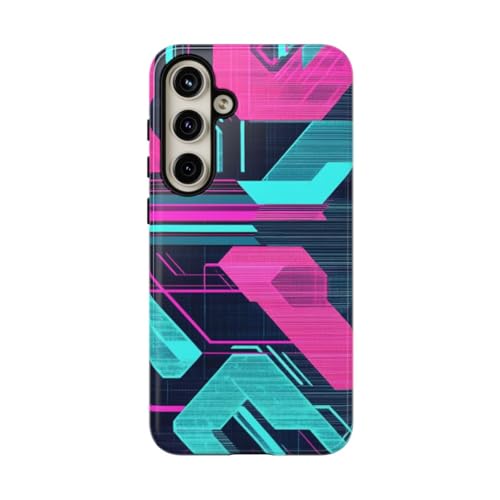 Coque Samsung S24 Plus rose à motif géométrique cyberpunk fluo rigide et brillante