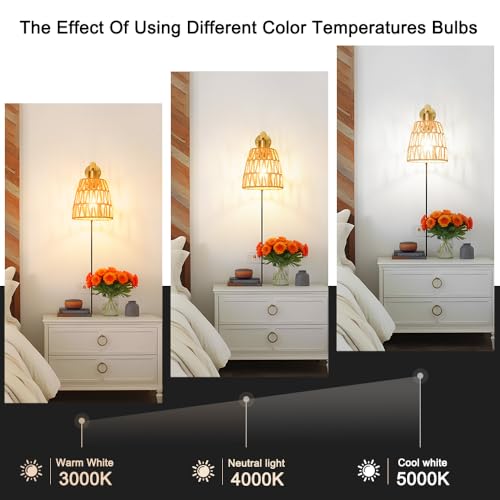 Image of Boho Plug in Wall Sconce Set of 2, Gold Plug Sconces Set of 2, Rattan Sconce Light Fixture with 5.9FT On /Off Switch Cord, Farmhouse Wall Mounted Light for Bedroom Living Room Reading Hallway