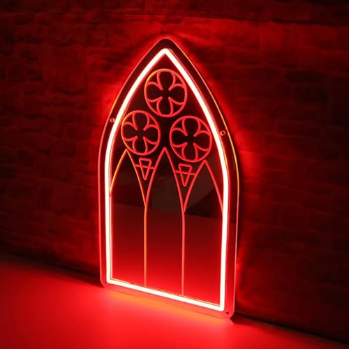 Image of Gothic Window Mirror Neon Sign, Red LED Wall Light - Medieval Cathedral Style Home Decor for Bedroom, Living Room, Bar, Church Events, Gothic Party Backdrop 16.5″ x 9.6″