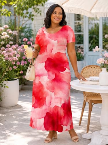 Image of SUZONANA Plus Size Maxi Dress for Curvy Women Summer Casual Sundress Short Sleeve Loose Vacation Dress