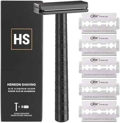 Henson Shaving Razor - Jet Black Double Edge Safety Razor with 5 Spare Blades - 30° Angled Precision With Superior Blade Rigidity- Reusable Single Blade Razors For Men and Women - Mild Aggression