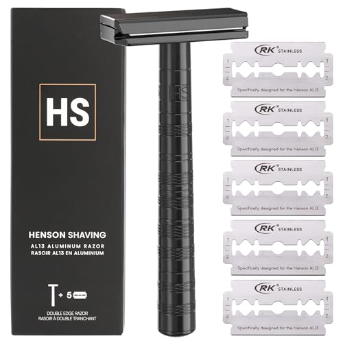 Henson Shaving Razor - Jet Black Double Edge Safety Razor with 5 Spare Blades - 30° Angled Precision With Superior Blade Rigidity- Reusable Single Blade Razors For Men and Women - Mild Aggression