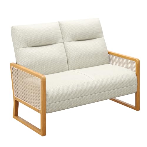 Andeworld Upholstered Settee Bench Small Loveseat Sofa Rattan Dining Bench with Back Banquette Seating for Kitchen Dining Room Living Room Mini Couch, Ivory