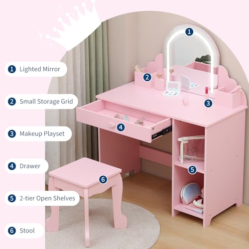 Garvee Girls Vanity Set with Lighted Mirror and Stool, Kids Makeup Vanity Table for Ages 3-9, 3 LED Light Modes, Storage Drawer & Shelves, Durable MDF, (Pink) by Garvee - Image 6