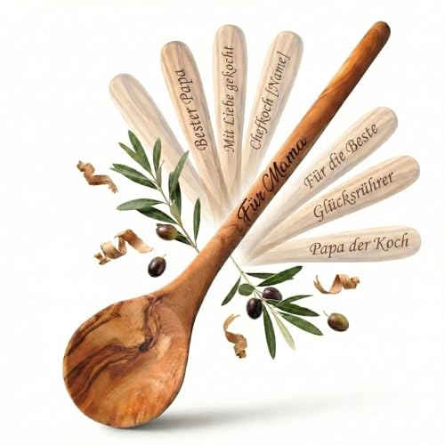 Kochlöffel personalisiert, Olivenholz - Handgemachter Holzkochlöffel mit Gravur als individuelles...