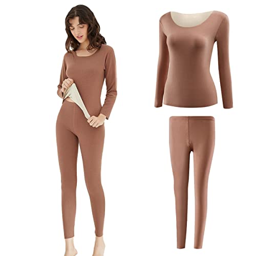 MeCool Thermo-Unterwäsche-Set für Damen, langärmeliges Oberteil, ultraweiche Basisschicht, Oberteile und Leggings, Braun-XS