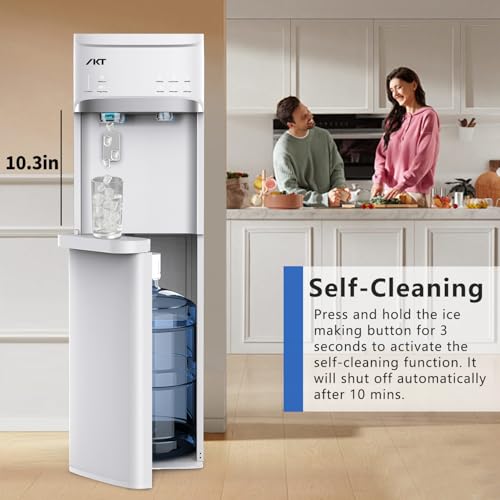 Image of IKT Self Cleaning 4 in 1 Water Cooler Dispenser with Ice Maker for 5 Gallon Bottle Bottom Loading 22lbs Daily Capacity Empty Bottle Light Ice Full Alert White